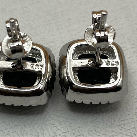 925 Sterling Silver Cushion Cut Black Onyx Diamond Halo Elegant Stud Earrings - Picture 3 of 15
